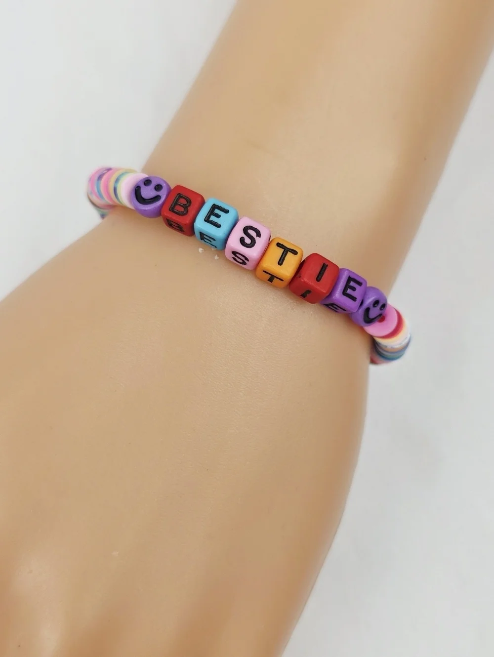 Handmade Clay Bead Multi Color Bestie Smiley Face Bracelet
